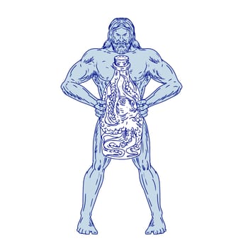 Drawing sketch style illustration of Hercules, a Roman hero and god equivalent to Greek divine hero Heracles, holding a bottle with an octopus inside on isolated white background.
