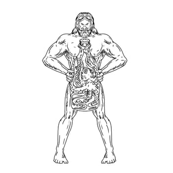 Drawing sketch style illustration of Hercules, a Roman hero and god equivalent to Greek divine hero Heracles, holding a bottle with an octopus inside on isolated white background in black and white.
