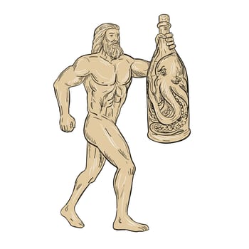 Drawing sketch style illustration of Hercules, a Roman hero and god holding a bottled up angry octopus on isolated white background.