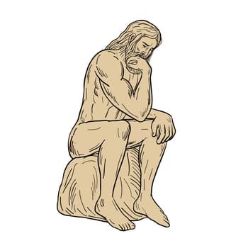 Drawing sketch style illustration of a man or thinker with full beard sitting down thinking on isolated white background.