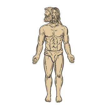 Drawing sketch style illustration of a male human being with an alien-like octopus inside his head, manipulating his body in disguise viewed from front on isolated white background.