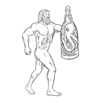 Drawing sketch style illustration of Hercules, a Roman hero and god holding a bottled up angry octopus on isolated white background in black and white.