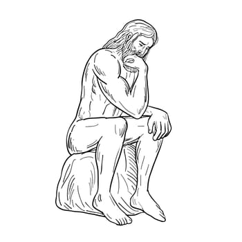 Drawing sketch style illustration of a man or thinker with full beard sitting down thinking on isolated white background done in black and white.