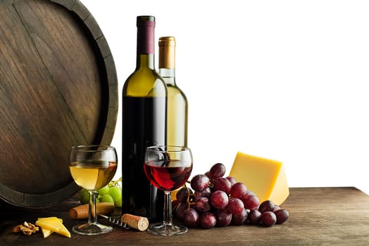 Bottle of red and white wine with food and barrel on white background.