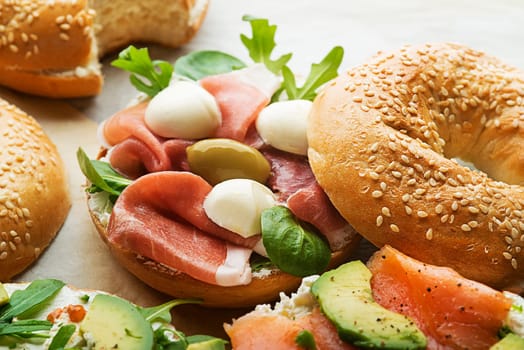 Bagel sandwich with prosciutto and mozzareela cheese. Healthy food.