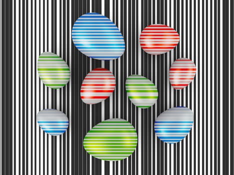 Eggs with colored stripes on a background of black stripes. 3d render