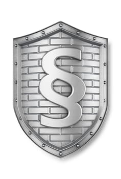Metallic shield with paragraph sign. 3d render