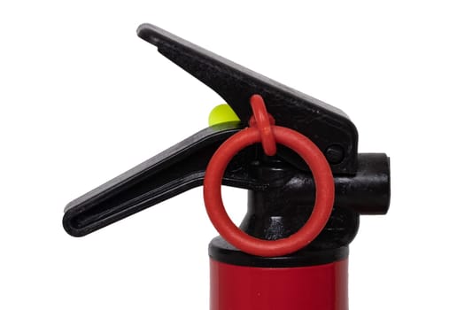 Fire extinguisher. Close-up detail of a small red fire extinguisher with wall mount isolated on a white background. Home savety. Macro.