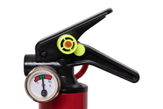 Fire extinguisher. Close-up detail of a small red fire extinguisher with wall mount isolated on a white background. Home savety. Macro.