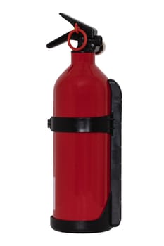 Fire extinguisher. Close-up detail of a small red fire extinguisher with wall mount isolated on a white background. Home savety. Macro.
