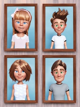 3D rendering of four framed cartoon family portraits that is hanging on the wall.