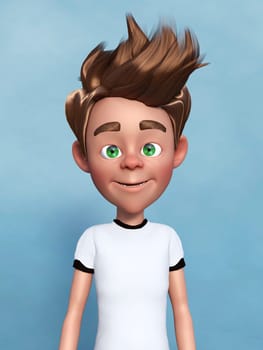 3D rendering of a cartoon boy portrait. Blue background.