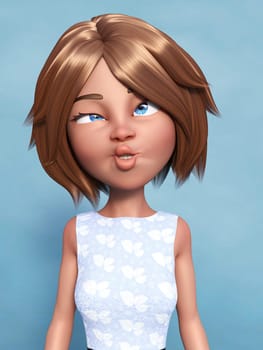 3D rendering of a cartoon mom or woman doing a silly face and grimacing. Blue background.