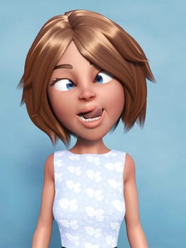 3D rendering of a cartoon mom or woman doing a silly face, sticking her toungue out and crossing her eyes. Blue background.