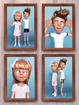 3D rendering of four framed cartoon family portraits of the siblings that is hanging on the wall. Both the brother and the sister is doing silly faces.