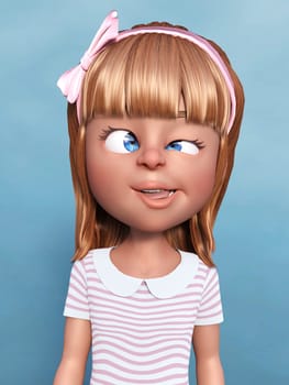 3D rendering of a cartoon girl doing a silly face, sticking her toungue out and crossing her eyes. Blue background.