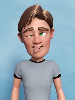 3D rendering of a cartoon dad or man doing a silly face, sticking his toungue out and crossing his eyes. Blue background.