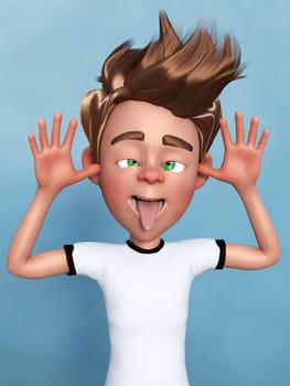 3D rendering of a cartoon boy doing a silly face, sticking his toungue out and grimacing. Blue background.