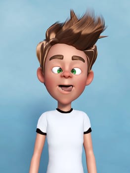 3D rendering of a cartoon boy doing a silly face, sticking his toungue out and grimacing. Blue background.