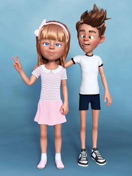 3D rendering of a cartoon boy doing a silly face, joking with his sister. A sibbling portrait. Blue background.