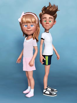3D rendering of a cartoon boy and girl posing for the camera. A sibbling portrait. Blue background.