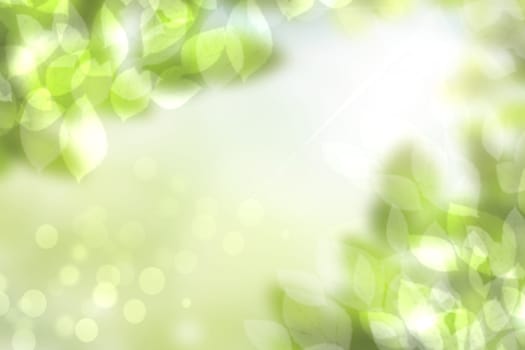 Abstract natural spring light green background texture with leaves and bokeh circles. Space.