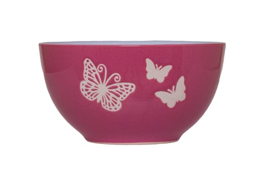 Empty bowl background. Purple empty bowl with butterfly pattern isolated on a white background. Kitchen ware.