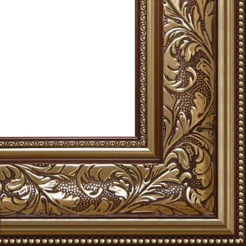 Picture frame, ancient. Fragment angle, close - up isolated on white background.