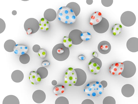 Eggs with colored dots on a background of black circles. 3d render