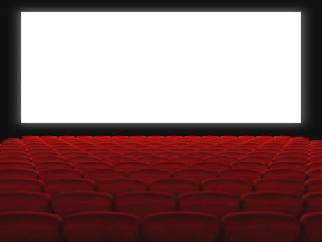 cinema hall with red seats and white screen. 3d render