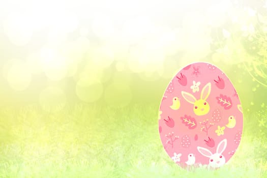 Happy easter background. Abstract green meadow with spring flowers and one colorful easter egg and a bright white spring backdrop. Space for your design. Beautiful texture.