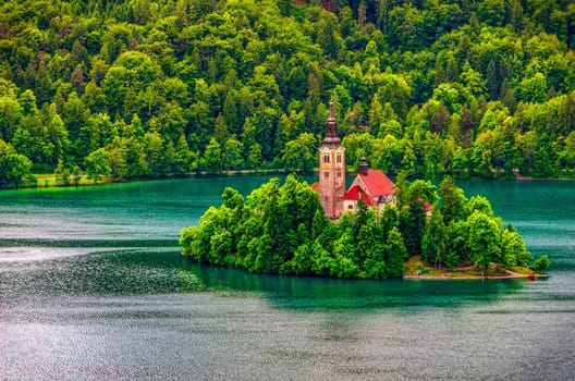 Bled lake church island aerial background - Slovenia .