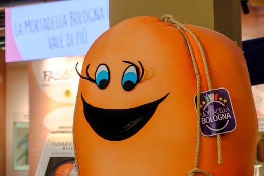 The traditional Mortadella Bologna sausage factory mascot character at Fico Eataly World in Bologna, Italy, 5 Feb 2019