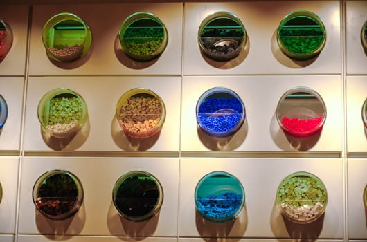 texture wall of Lego bricks  containers in Lego Store of Bologna, Italy, 16 Feb 2019