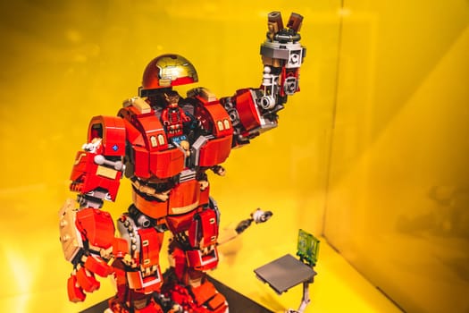 an Iron Man action figure model made by Lego bricks inside the Lego Store of Bologna, Italy, 16 Feb 2019