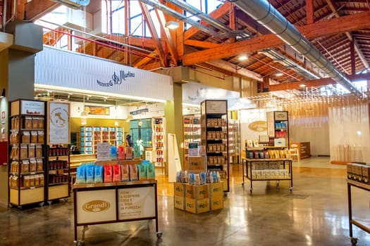 shelves of the pasta factory Pastificio Di Martino at Fico Eataly World in Bologna , Italy, 05 Feb 2019