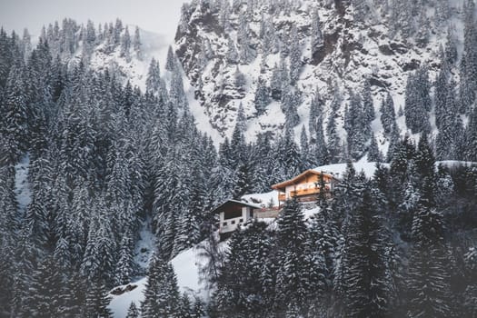 The cabin illuminates the snow covered valley and the misty firs mountain at the first light of dawn