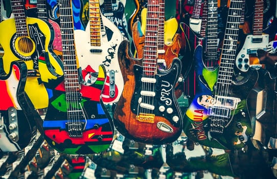 San Francisco Bay Area, USA, 04 Oct 2018 - illustrative editorial of many toy models mini electric guitars from heavy metal and rock guitarists