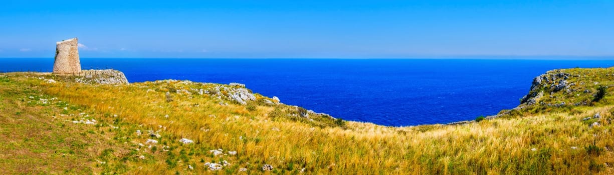 Salento countryside panoramic view watchtower coastal seascape grass - Apulia - Italy