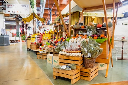 fruit and vegetable market stall inside Fico Eataly World in Bologna, Italy, 05 Feb 2019