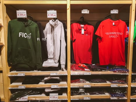 t-shirts hoodies and various merchandise of Fico Eataly World in Bologna, Italy, 13 Gen 2019
