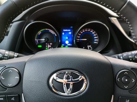 Bologna, italy, 17 Sep 2018 -  a Toyota Auris steering wheel controls and car dashboard