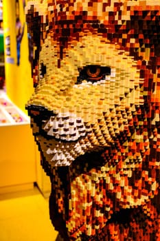 a lion made of Lego bricks inside the Lego Store of Bologna, Italy, 16 Feb 2019