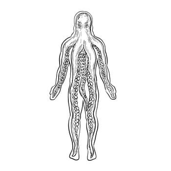 Drawing sketch style illustration of an alien octopus inside a human body and taking over it viewed from front on isolated white background in black and white.