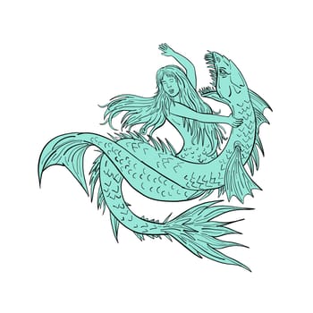 Drawing sketch style illustration of a a mermaid or siren grappling a sea serpent or monster on isolated white background.