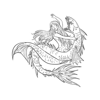 Drawing sketch style illustration of a a mermaid or siren fighting or grappling with a sea serpent or monster on isolated white background in  black and white.