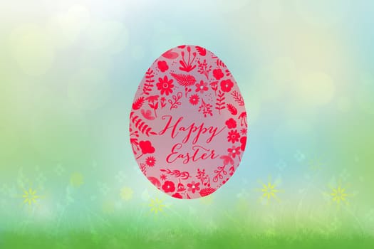Happy easter background. Abstract green meadow with spring flowers and one colorful easter egg and a bright blue sky spring backdrop. Space for your design. Beautiful texture.