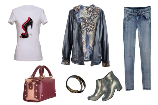 Collage woman clothes. Set of stylish and trendy women jacket, blouse or shirt, jeans, shoes and accessories isolated on a white background. Latest fashion trends.