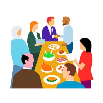 Retro style illustration showing the concept of diversity in workplace with diverse cultures in an office party celebration on isolated white background.