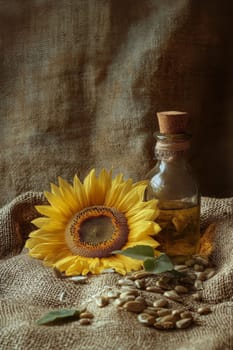 Sunflower oil extract in small bottle on wooden table, Generative AI, food